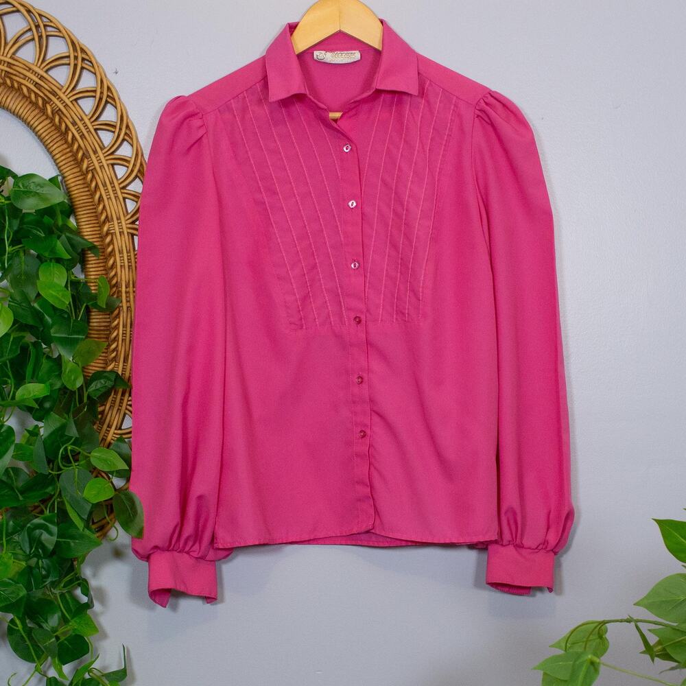 VTG Tuccini Gold Magenta Pintuck Blouse Puff Sleeve Romantic Fuchsia True Winter